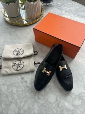 Hermes Black Leather ROYAL Loafers with Gold H Accent // Brand New Never Worn